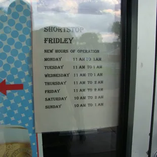 Hours of operation, front entry.