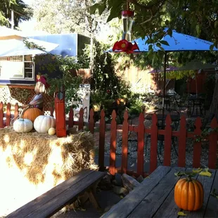 a picnic table with hay bales and pumpkins