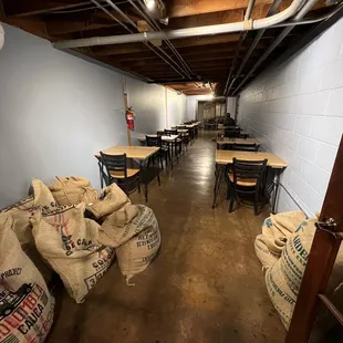 tables and chairs in a coffeehouse