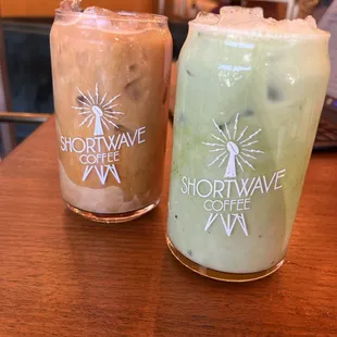 iced decaf latte + iced matcha latte!