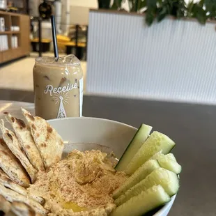 Hummus bowl and iced vanilla latte