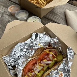 The austin dog with fries and alllll the sauces. One of my favorite dogs anywhere.