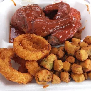 Onion rings and okra beautifully fried.
