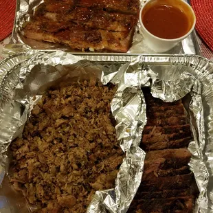 1lb of Ribs up top, 1lb of chopped beef left, 1lb of brisket right!