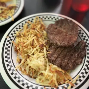 a hamburger and hash browns