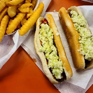 2 dogs all the way with slaw &amp; fries