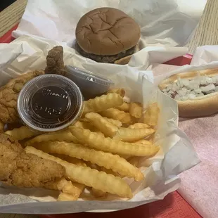 Burger, dog, chicken tenders, fries.