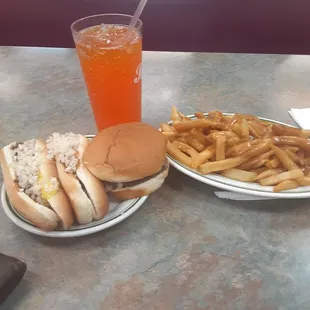 two plates of food and a drink