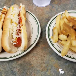 two hot dogs and french fries