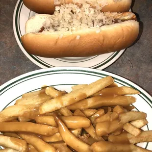 Hot dog with "everything" and fries with gravy