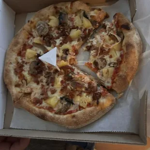 Pineapple, bacon, mushroom personal pizza