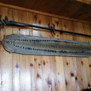 a gun and a rifle mounted on a wooden wall