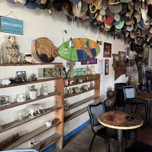 a room full of hats hanging from the ceiling