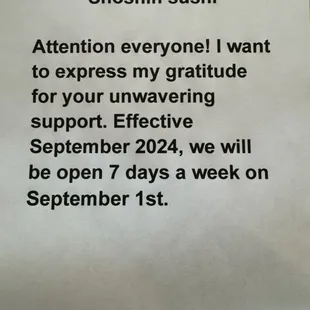 Attention everyone, we'll be opening 7 days a week starting September.