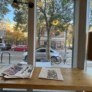 a view of a street through a window