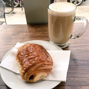 Cafe au lait and chocolate croissant