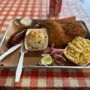 Jalapeño infused sausage, chicken, Mac &amp; cheese, &amp; potato salad.