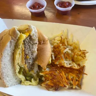 Breakfast on a Bun with Sausage and side of Hash Browns