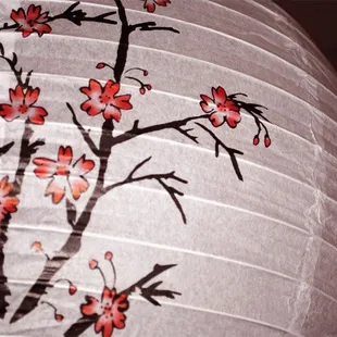 a close up of a paper lantern with red flowers