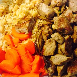Hibachi steak with mushrooms, sweet carrots, and fried rice