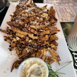 a plate of french fries with a side of dip