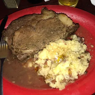 Friday night prime rib. Mashed. Looks delicious? No. Looks rare as ordered? Heck no.