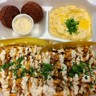 Chicken shawarma platter with falafel and baba ghanouj - $15.99