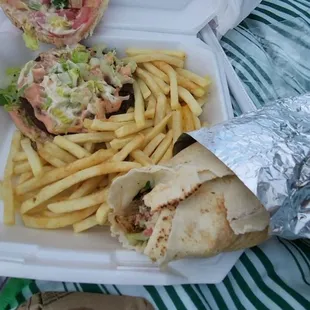 Falafel Burger, Fries, Fried Cauliflower Wrap