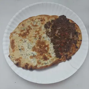 Meat and cheese pizza.