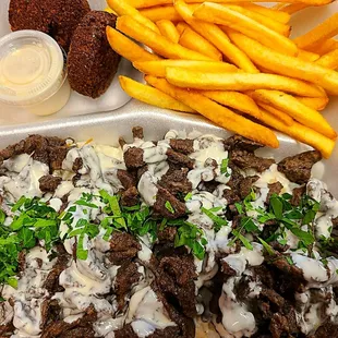 Beef shawarma platters with fries and falafel - $15.99