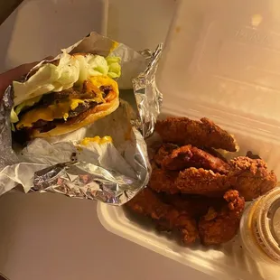 Double Battered Buttermilk Chicken Strips Double Pattie Smash Burger