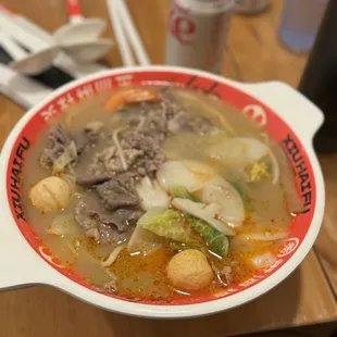 Seafood Malatang with beef and rice cakes