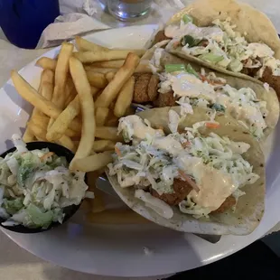 Fish Tacos with Side Fries and Coleslaw