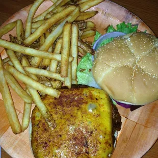The cajun burger and fries.