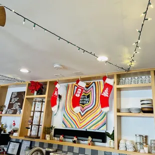 a kitchen decorated for christmas