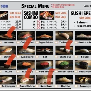 This is what I usually get for the sushi combo. I rotate the seas bass with halibut or red snapper. Also rotate the octopus with squid.