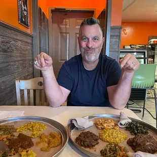 Vegetarian (left) and meat combination (right). You'll notice we couldn't wait for the photo and already started on the veggie combo...