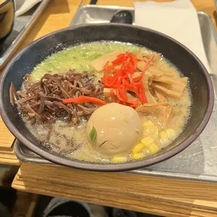 veggie ramen with an added egg and other toppings