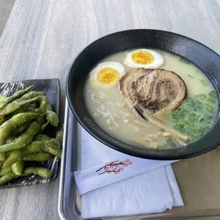 Tonkotsu Ramen, Garlic Edamame