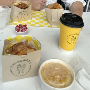 Banty Rooster, Cheese Grits, Waffle Fries, Latte