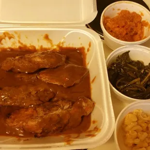 Turkey Ribs, Candied Yams, Collard Greens, and Mac n Cheese