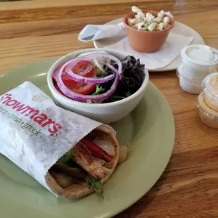 Santorini Chicken Pita with Peppers &amp; Onions with Side Garden Salad and Pasta Salad