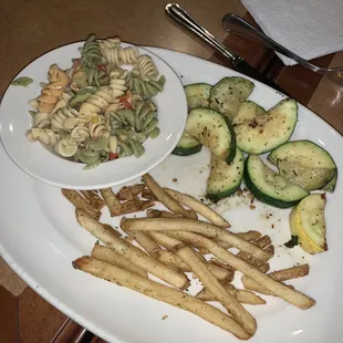 pasta salad, rosemary fries, grilled &quot;vegetables&quot;