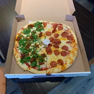 Half pepperoni and half chorizo, jalapeño and cilantro