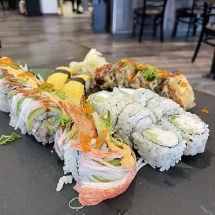 Maroon roll, California Roll, Colorado Spring Roll and Tamago.