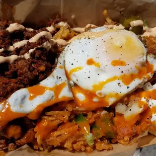 Some sort of glorious chorizo nacho platter. I added an egg and a bunch of hot sauce. This was, quite simply, amazing.