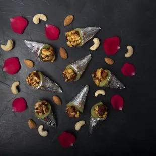 a variety of snacks arranged in a circle