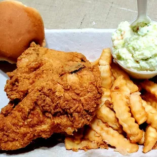 Breast Plate with Coleslaw, Dinner Roll and French Fries.
