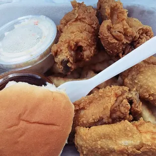 Hot &amp; sticky wings dinner (I asked for the sauce on the side and the wings to be breaded). Very good