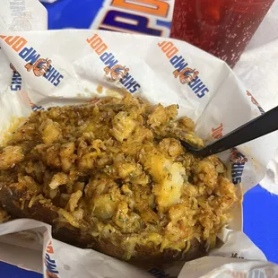 Blackened Shrimp baked potato w/ garlic butter. Food &amp; service were both exceptional, run don't walk!!